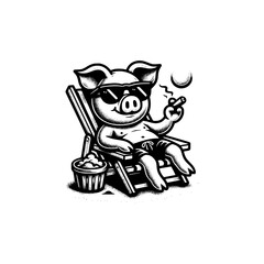 mascot pig chill in beach vector illustration