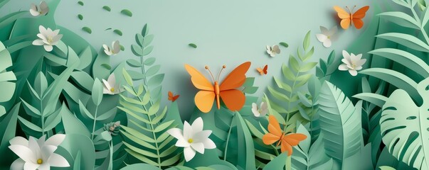 Paper Effect greeting card concept illustration of a serene garden with butterflies and flowers, completed in minimal styles