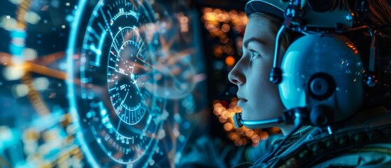 Portrait of a pilot with Glow HUD big icon of flight instruments