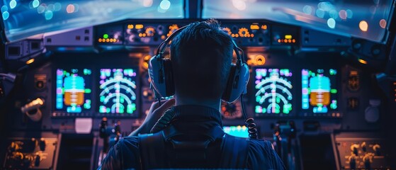 Portrait of a pilot with Glow HUD big icon of flight instruments