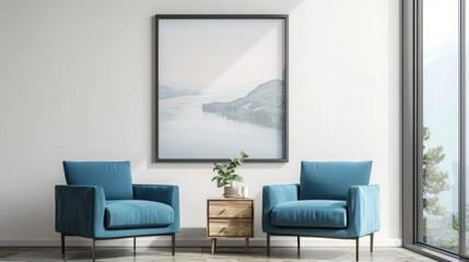 Modern chill room interior two blue armchairs and drawer near window, mockup frame