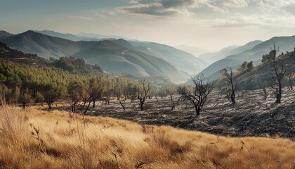 devastated scorched earth in the valley burnt trees burnt vegetation and grass 3d illustration