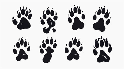 Animals footprint tracks. Animal paw silhouette, wild animal pet and farm trail, bird footstep. Brush walking nature foot track isolated on white background 3D avatars set vector icon, white backgroun