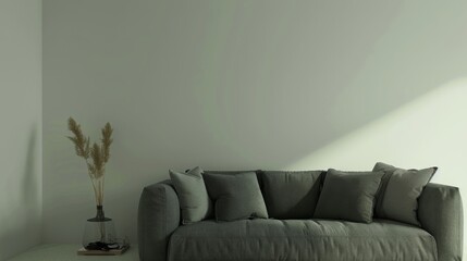 A dark gray sofa with cushions against a plain white background, minimalist interior concept