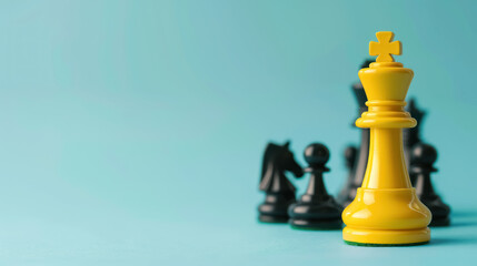 leadership concept with yellow king chess piece standing out from black pawns, with copy space for text