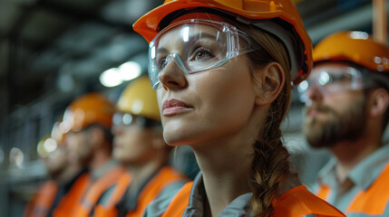 A female engineer in protective gear attentively overseeing the workflow in a busy industrial setting.