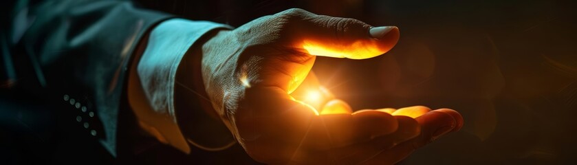 The businessmans hand in a dramatic lighting setting, symbolizing the beginning of a new business strategy with the press of a button