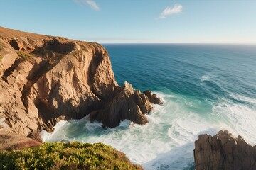 Breathtaking ocean view with waves crashing against rugged cliffs under a clear blue sky