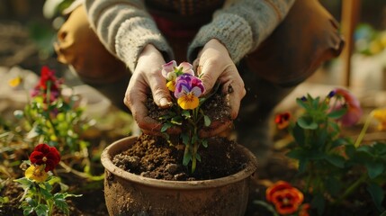 Gardener carefully placing flowers in a pot filled with soil