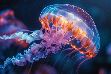 Fototapeta premium Beautiful jellyfish with bright orange hues and dotted tentacles floats amidst a mesmerizing seascape, giving an impression of weightlessness and otherworldliness