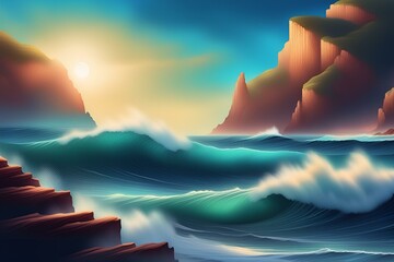 Breathtaking ocean view with waves crashing against rugged cliffs under a clear blue sky, Animation - Powered by Adobe
