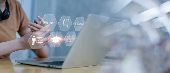 Concept of Online education. man use Online education training and e-learning webinar on internet...