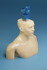 Human figure with geometric bodies on his head. Thinking concept. 3d illustration.