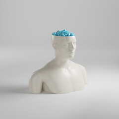 Bust of a man with his head open and full of cubes. 3d illustration.