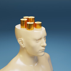Bust of a man with flat head full bitcoins. 3d illustration.