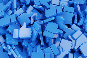 Many blue thumbs up icons. 3d illustration.
