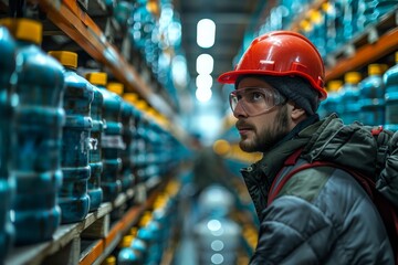 A worker in a red helmet carefully selects car care products from the storage racks of a distribution warehouse