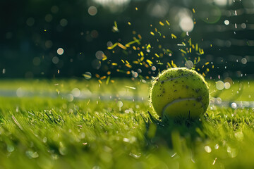 tennis ball on wimbledon grass court with morning dew and sunlight highlighting dynamic action