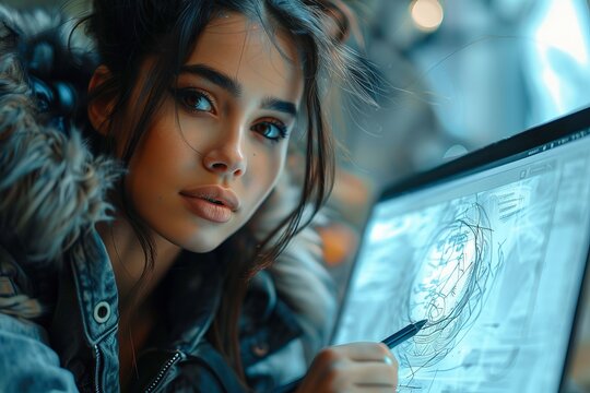 A young female designer with striking features concentrates on digital drawing, using a stylus on a graphic tablet