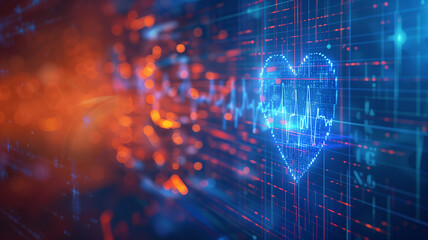 Fototapeta premium A digital heartbeat echoes within a human heart surrounded by binary code.