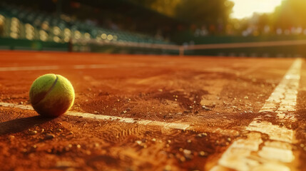 close-up of tennis ball on red clay court with bright sunlight, roland garros tournament banner, the french open championship