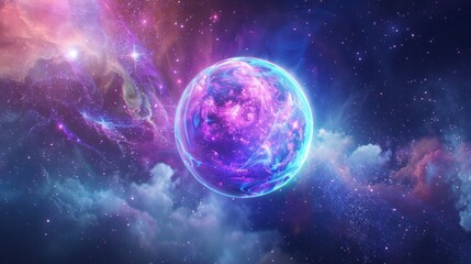 Neon-colored ball of light floating in space, created digitally.