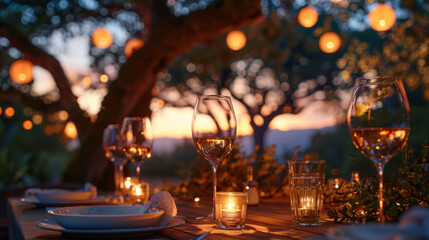 Elegant outdoor dining setup under string lights with wine glasses on a wooden table at sunset.