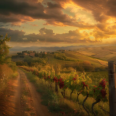 Sunset Over Tuscan Vineyard with Rolling Hills