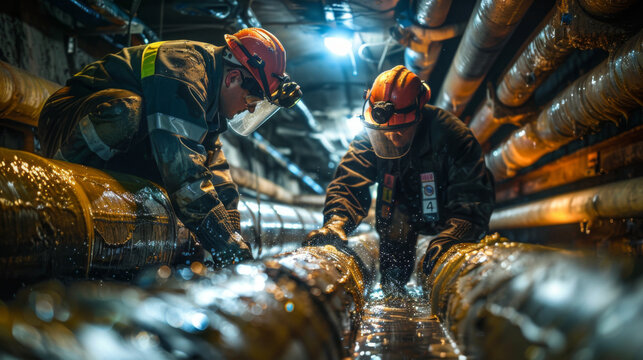 Two workers with helmets and flashlights inspecting pipelines in a dark industrial environment.