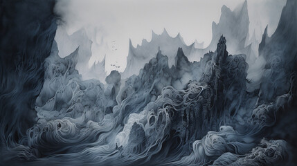 Amidst an otherworldly landscape of swirling mist and jagged cliffs, a mysterious entity stands alone, its form shrouded in shadows and ambiguity, rendered with deep blacks, grays, and blues, employin