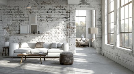  Industrial Chic Interior: Grey Leather Stool and Coffee Table Against White Wall