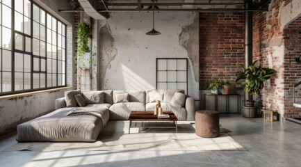  Industrial Chic Interior: Grey Leather Stool and Coffee Table Against White Wall