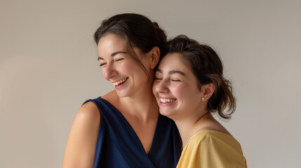 Mãe e sua filha em um estúdio fotográfico. A mãe está vestindo um elegante vestido de cor azul-marinho, enquanto a filha está usando um vestido de cor amarelo-pálido.