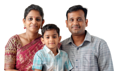 Traditional Indian family with mother, father and little son posing over isolated transparent background