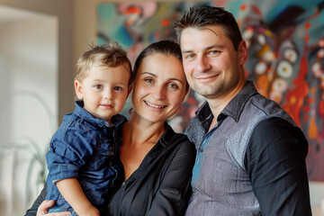 Casual portrait of Russian family of mother, father and little son