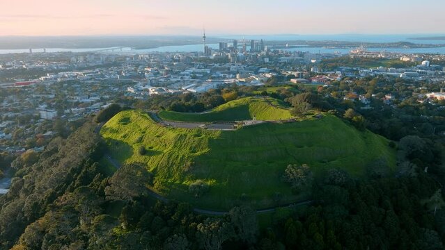 Aerial: mt eden volcano at dusk, Auckland, New Zealand