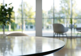 Blurred Modern Office Interior: Panoramic Windows and Meeting Area