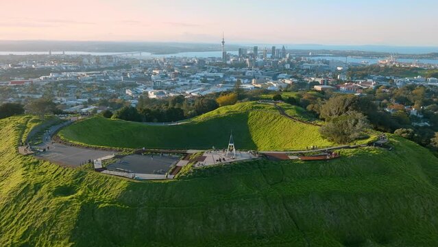 Aerial: mt eden volcano at dusk, Auckland, New Zealand
