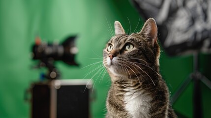 Portrait of a cat in a photo studio with a green background