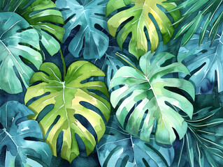Watercolor background banner of monstera tropical leaves illustration