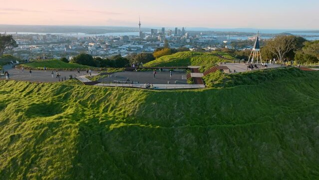 Aerial: mt eden volcano at dusk, Auckland, New Zealand