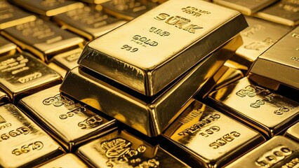 gold bars and coins are stacked together Superfine details