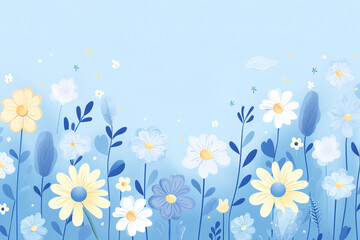 Minimalist illustration of blue and white flowers over light blue background