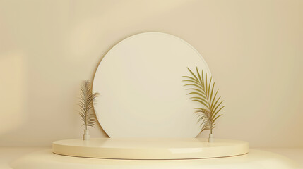 Minimalist Elegance, Softly Illuminated Display with Circular Backdrop and Tropical Leaves