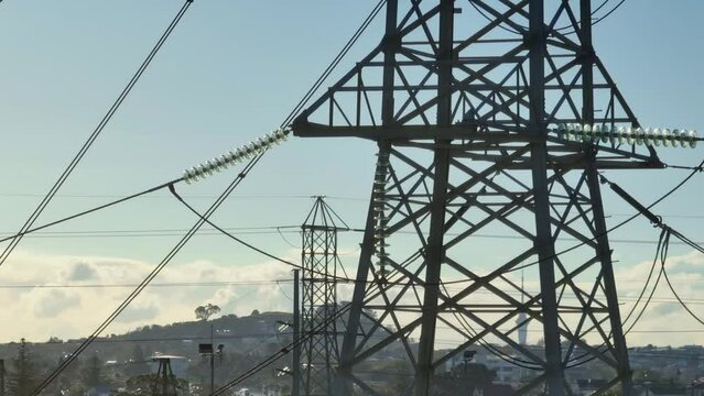 Aerial: High Voltage Electrical Transmission Pylon Close Up