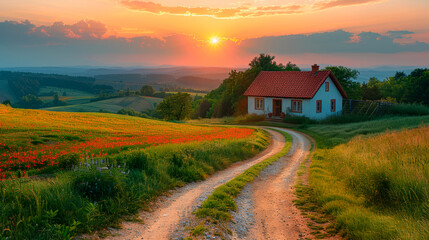 house in the countryside in a beautiful sunset, with nature, a beautiful and warm landscape.