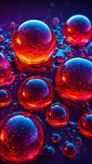Abstract background with shiny glowing drops of red liquid and smaller transparent bubbles on a solid purple background