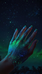 A woman's hand in a shiny green glove on a blue starry sky background, vertical photo
