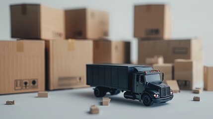 A black toy delivery truck next to cardboard boxes, on a white background, concept of logistics and moving