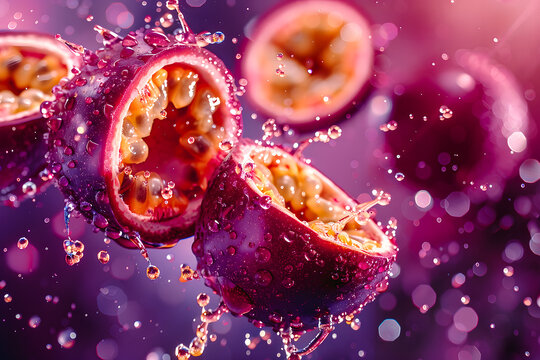 Fruits de la passion coup&eacute;s en deux et volant avec des gouttes d'eau